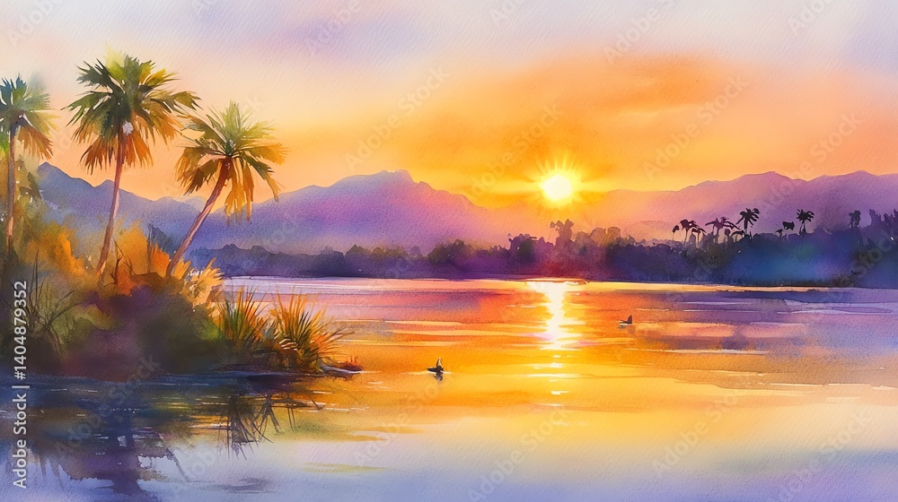 Serene sunset over tranquil river with palm trees and gentle mountains. Serene sunset over tranquil river with palm trees and gentle mountains.