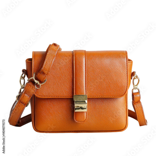 Orange leather handbag with gold clasp and adjustable strap, isolated on transparency background.on transparent cutout, PNG file