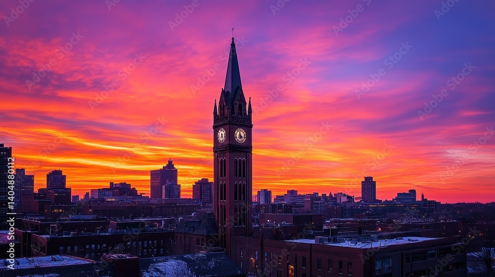 Obraz premium A church clock tower rises above the urban skyline at sunset. Use for travel, religious, or architectural projects and designs.