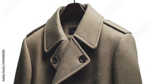 A stylish beige overcoat hanging on a wooden hanger, showcasing its elegant design against a minimalist background