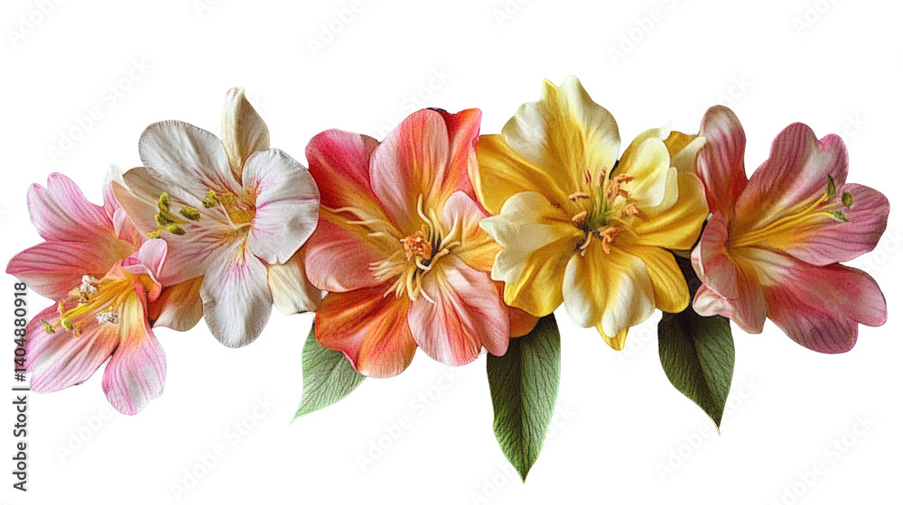 Fototapeta premium A vibrant arrangement of pink and yellow flowers in full bloom, set against a neutral background, perfect for spring themes