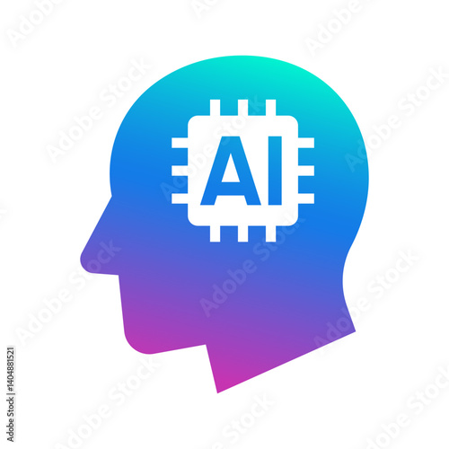 Human head tech icon, AI chip technological brain, Artificial intelligence, Simple flat design symbol, Isolated on white background, Vector illustration
