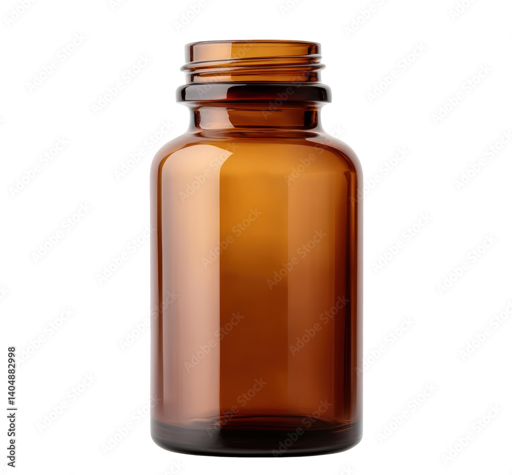 Amber glass bottle with a smooth surface, isolated on a white background, ideal for packaging and storage solutions Amber glass bottle with a smooth surface, isolated on a white background, ideal for packaging and storage solutions