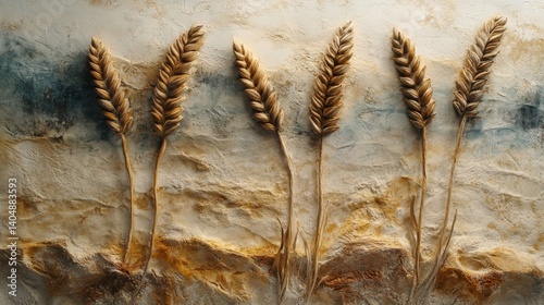 Close-up View of Golden Wheat Ears Against Textured Earthy Background in Artistic Composition