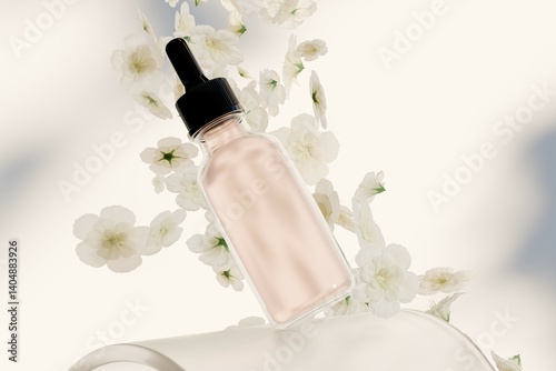 Rose flower petals, and with an aromatherapy essential oil glass bottle 