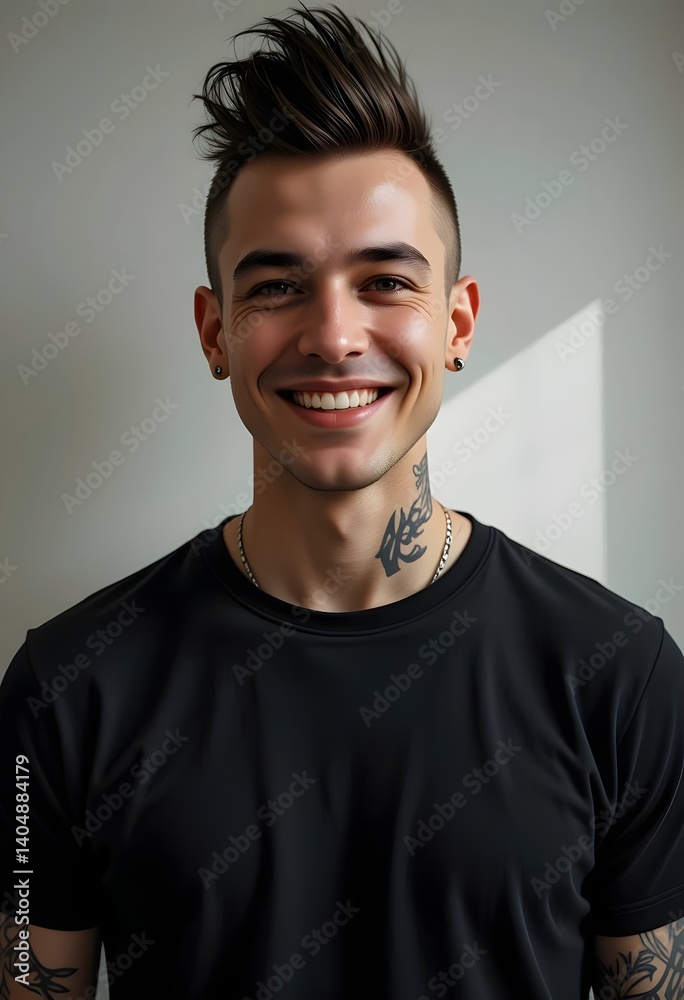 Fototapeta premium handsome caucasian happy white model young male, fashionable wearing a blank black t-shirt. casual, casual wear, portrait, confident, attractive, modern, cool, urban, street style, clean look, minimal
