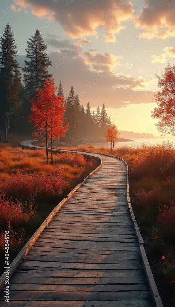 Fototapeta premium Serene Autumnal Path: A Wooden Boardwalk Through Vibrant Marshland at Sunset