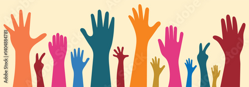 Raised hands. People raising hand at the concert. Colorful Silhouettes of hands making gestures on concert crowd. Teamwork, collaboration, voting, volunteering concert. Vector illustration