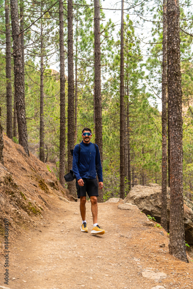 Tourist hiking in the forest path to roque nublo, gran canaria