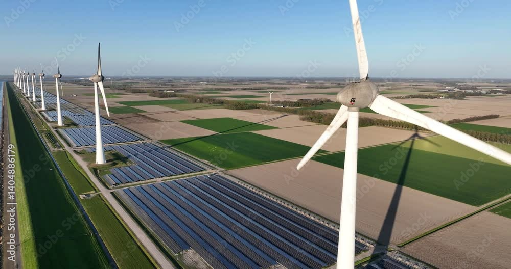 wind turbines, solar panels, renewable energy. Clean energy sources. The Netherlands.