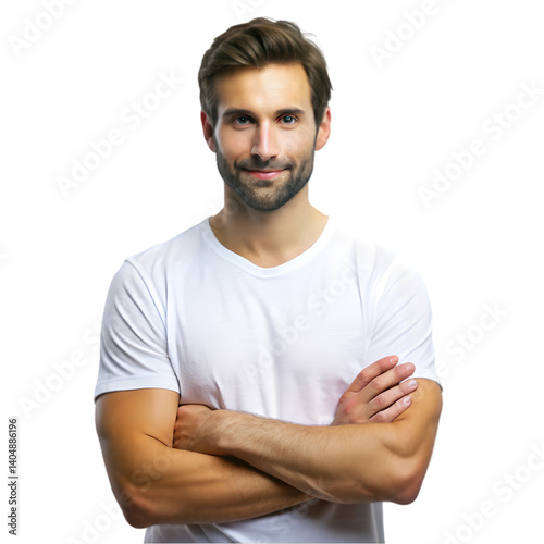 portrait of man wearing white t shirt with arms crossed standing isolated on transparent background
