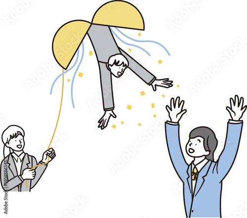 くす玉と合格して喜ぶ女子高校生と女性と男性の先生のシンプルなイラスト素材