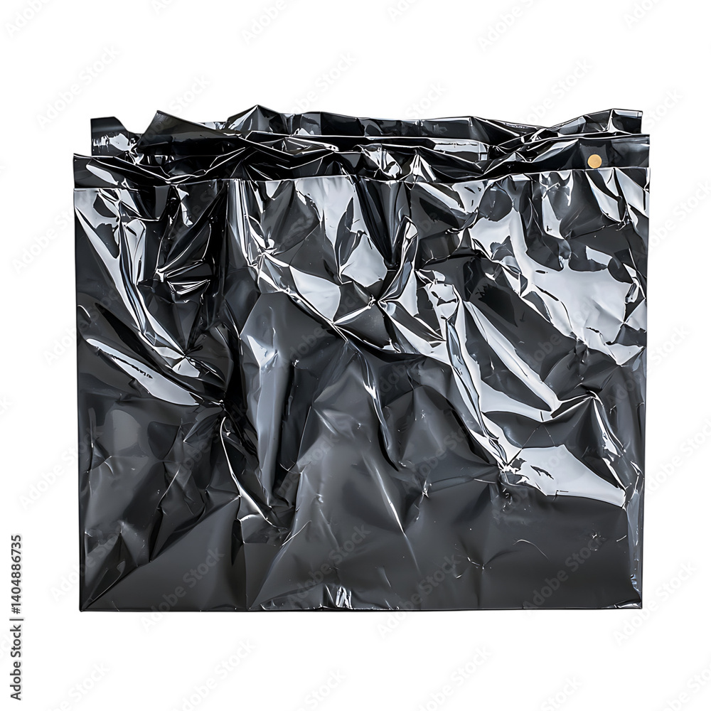 A crumpled shiny plastic folder or sheet with wrinkles and reflective surface texture displayed on a transparent background
