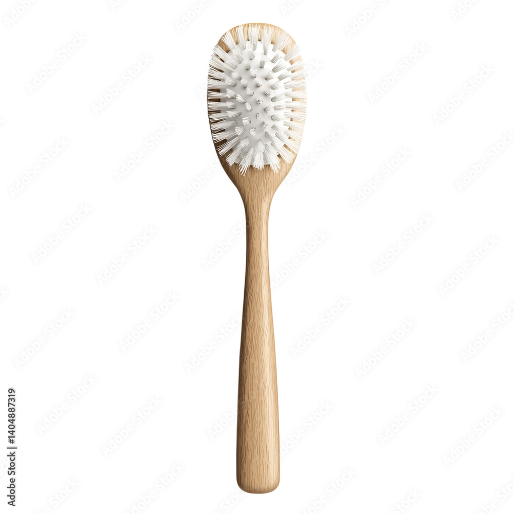 A front-facing wooden body brush with a long smooth handle and densely packed beige natural bristles arranged in a circular head, isolated on a transparent background
