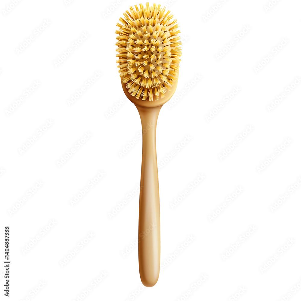 A front-facing wooden body brush with a long smooth handle and densely packed beige natural bristles arranged in a circular head, isolated on a transparent background