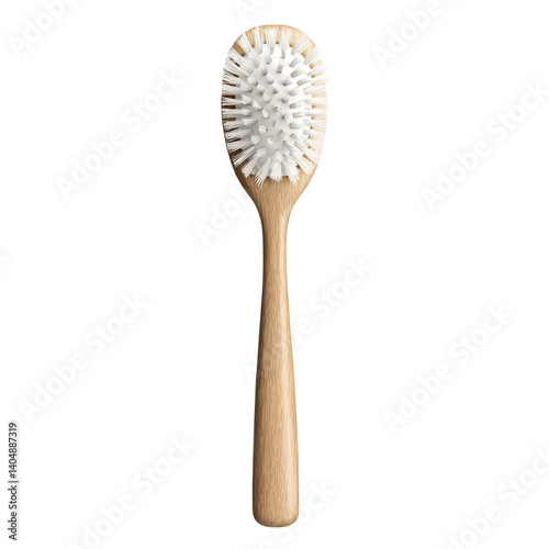 Obraz na płótnie A front-facing wooden body brush with a long smooth handle and densely packed beige natural bristles arranged in a circular head, isolated on a transparent background w salonie