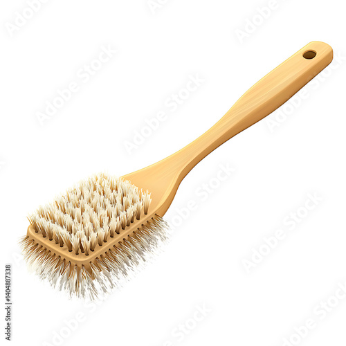 A front-facing wooden body brush with a long smooth handle and densely packed beige natural bristles arranged in a circular head, isolated on a transparent background