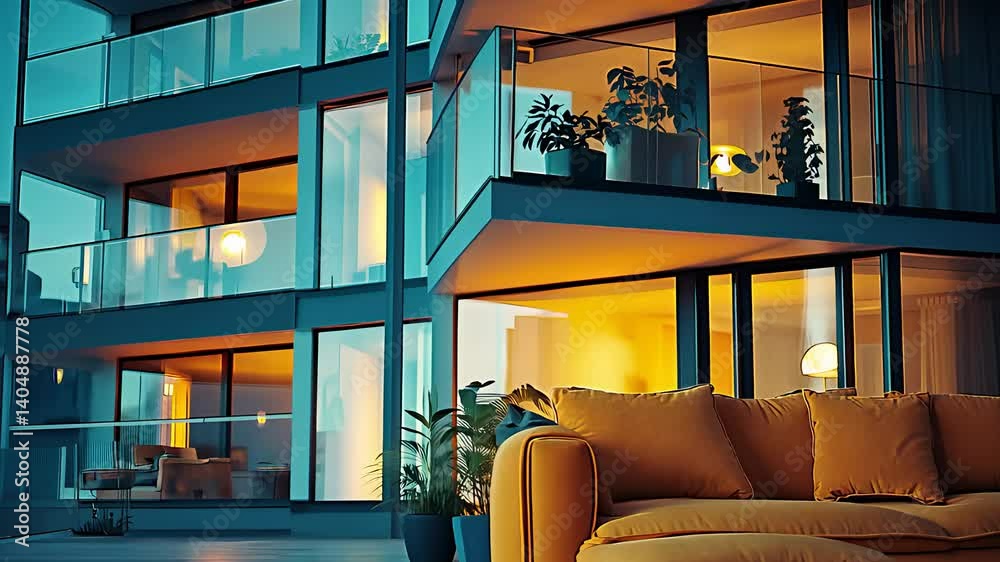 Modern Apartment Balcony with Cozy Sofa and Glass Windows at Dusk

