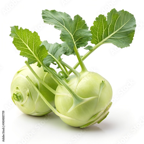 Kohlrabi, fresh light green bulb with attached leafy stems, crisp texture and natural sheen, hyper-realistic, ultra-detailed surface and leaves, high-resolution studio photography 