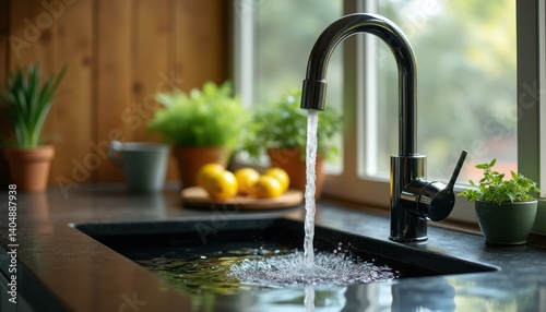 Wallpaper Mural Water flowing from a modern chrome faucet into a black kitchen sink with natural light Torontodigital.ca