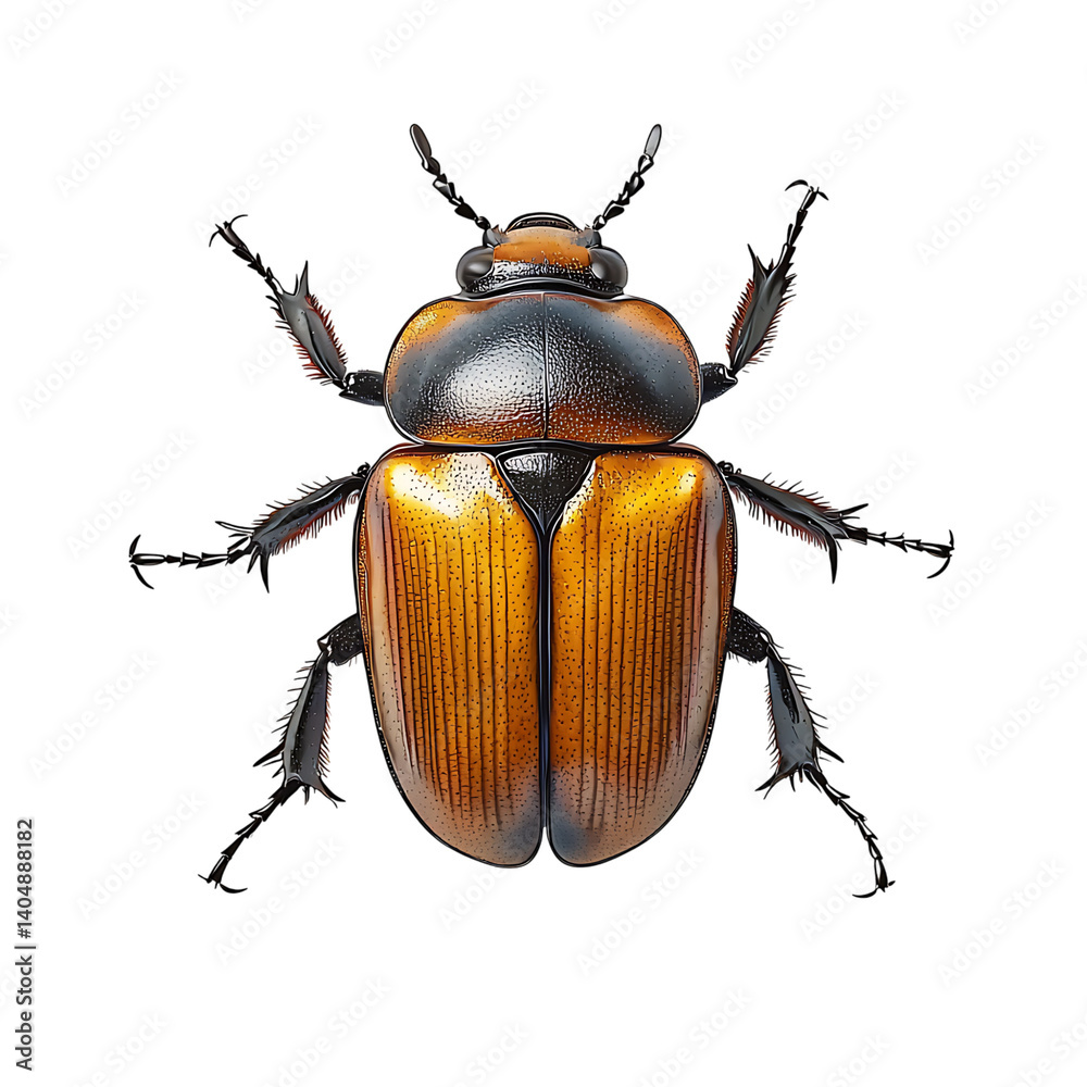 A symmetrical top view of a colorful beetle with black legs and glossy elytra featuring vibrant red and yellow vertical stripes, set against a transparent background