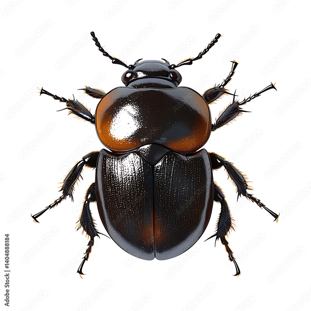 A symmetrical top view of a colorful beetle with black legs and glossy elytra featuring vibrant red and yellow vertical stripes, set against a transparent background