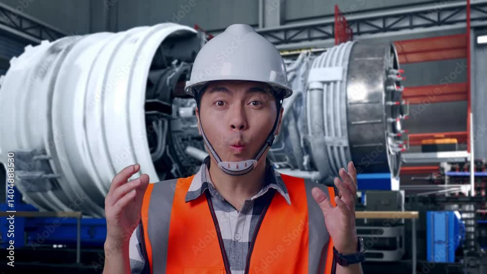 custom made wallpaper toronto digitalClose Up Of Asian Male Engineer With Safety Helmet Smiling To Camera And Saying Wow While Standing With Airplane Engine Maintenance Conducted, Analytics Checking the Turbine