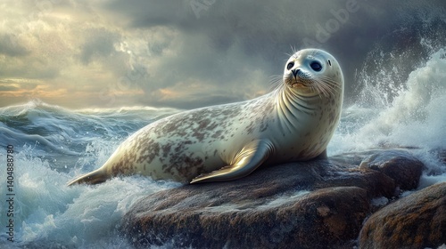 Seal basking on rocky shore with crashing waves and moody skies photo