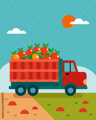 A truck loaded with crates of overripe tomatoes drives towards a landfill where the excess produce will be dumped due to a surplus caused by industrial farming practices.. Vector illustration