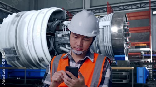 Wallpaper Mural Close Up Of Asian Male Engineer With Safety Helmet Using Smartphone While Standing With Airplane Engine Maintenance Conducted, Analytics Checking the Turbine Torontodigital.ca