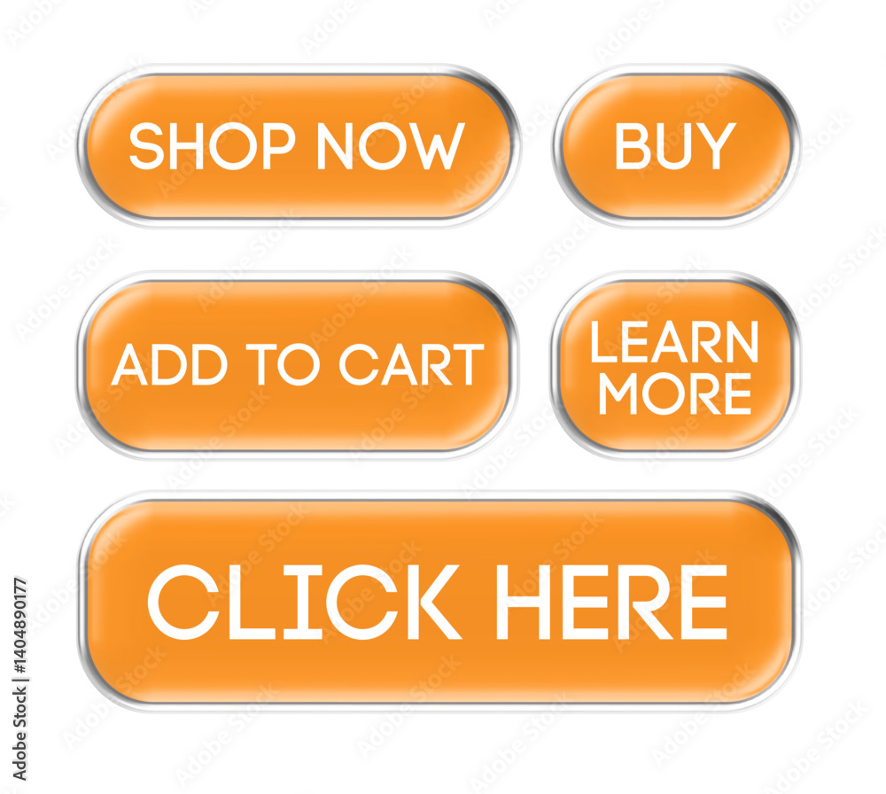 Set of glossy orange call to action buttons with bold white text including: Shop Now, Add to Cart, Buy, Click Here, and Learn More in rounded UI style for ecommerce and web interface design Set of glossy orange call to action buttons with bold white text including: Shop Now, Add to Cart, Buy, Click Here, and Learn More in rounded UI style for ecommerce and web interface design