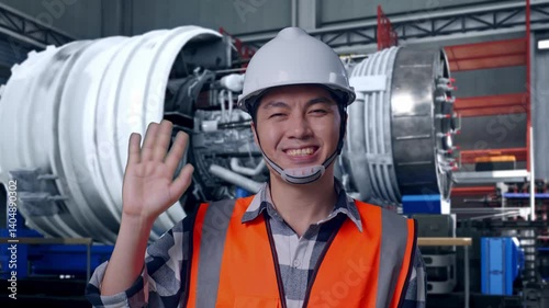 Wallpaper Mural Close Up Of Asian Male Engineer With Safety Helmet Smiling To Camera And Waving Hand Saying Bye While Standing With Airplane Engine Maintenance Conducted, Analytics Checking the Turbine Torontodigital.ca