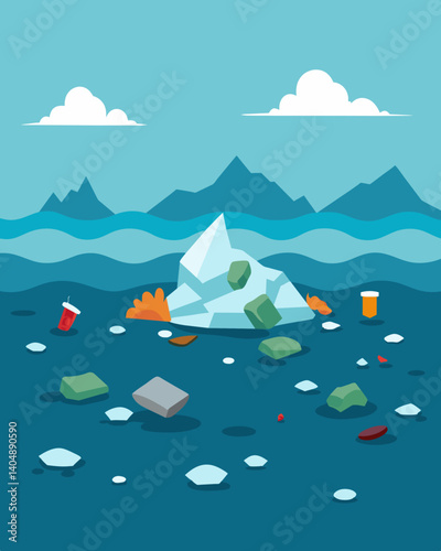 A stagnant mess of plastic Styrofoam and debris that collects in a stagnant area of the ocean known as a garbage patch.. Vector illustration