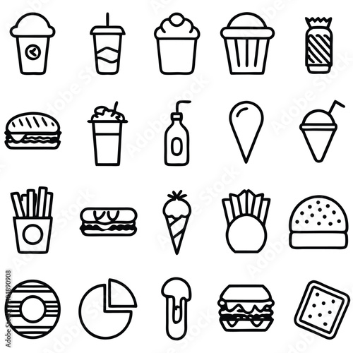 This vector icon set features black line illustrations of fast food, food and drink, including a coffee cup, beer bottle, wine glass, tea, water, cake, cocktail, and cream, perfect for restaurant desi