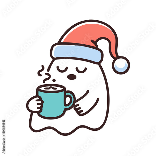 Cozy ghost character wearing a Santa hat drinking hot chocolate, for Halloween and Christmas decoration concept