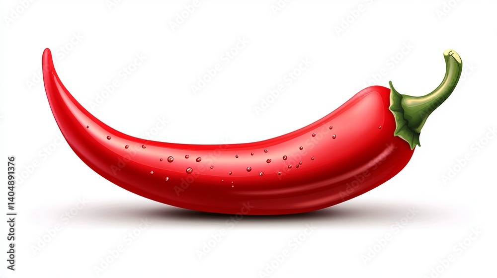 A shiny red chili pepper with water droplets on a white background in a horizontal position A shiny red chili pepper with water droplets on a white background in a horizontal position