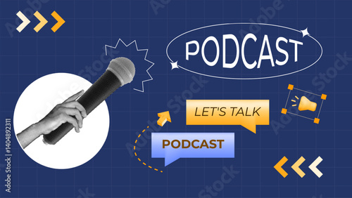 halftone collage, Podcast with microphone, speech bubbles, and sound icons, podcast cover art, audio streaming, talk shows, interviews, and digital media promotion
