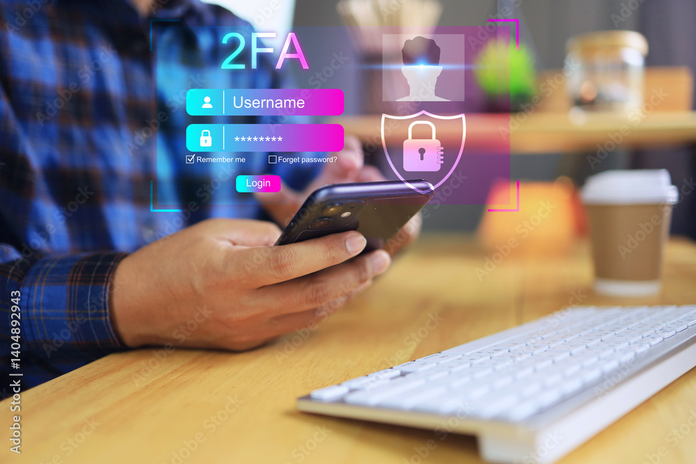 Fototapeta premium Cyber security access 2fa two factor authentication concept. User holding smartphone face scanning to verify biometric identification in second step to system protection by username password.