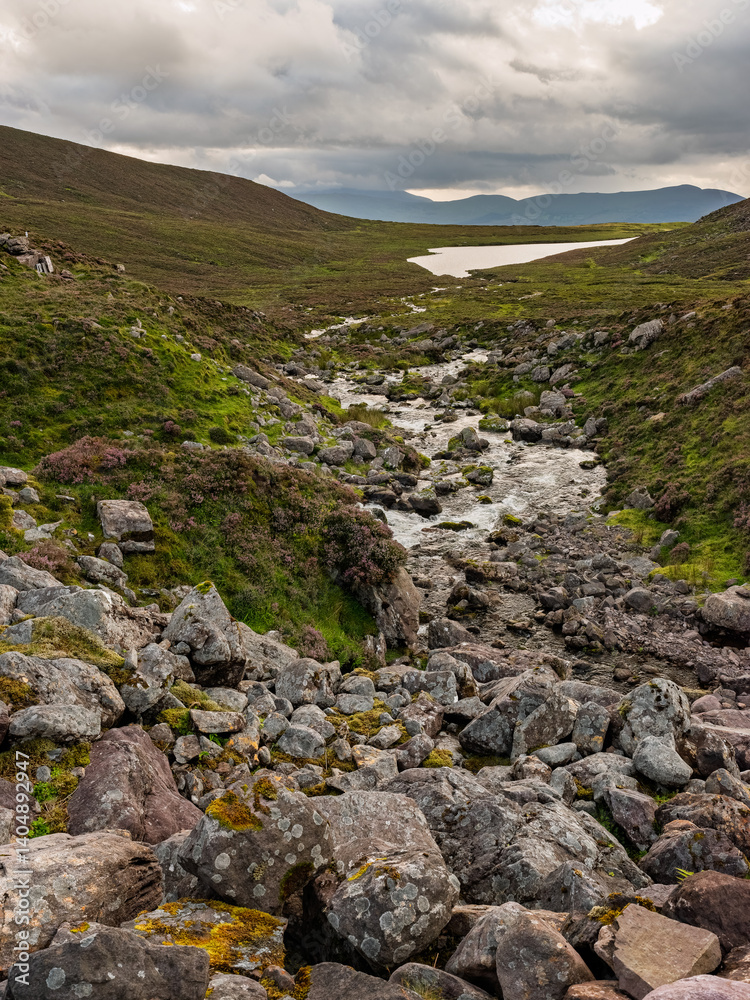 The Cottoners River flows gently through a rocky terrain in the heart of Ireland, surrounded by lush greenery and distant mountains under a moody sky. The Cottoners River flows gently through a rocky terrain in the heart of Ireland, surrounded by lush greenery and distant mountains under a moody sky.