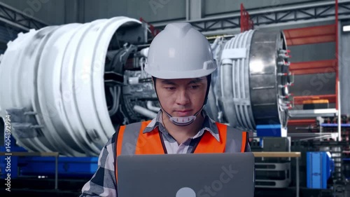 Wallpaper Mural Close Up Of Asian Male Engineer With Safety Helmet Working On A Laptop While Standing With Airplane Engine Maintenance Conducted, Analytics Checking the Turbine Torontodigital.ca