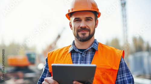 Builder standing at a construction site, construction worker, Labor Day. Architect or engineer in the construction industry. Professional builder in helmet. Work for hire. AI generation.