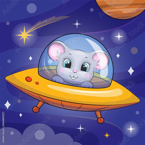 Cute cartoon mouse in a spaceship. Vector illustration of an animal in space on a dark blue background with stars and a planet.