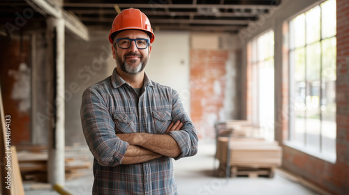Builder standing at a construction site, construction worker, builder, Labor Day.
Builder portrait, man with crossed arms and smile, architect or engineer in the construction industry. AI generation