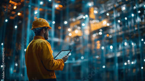 Builder standing at a construction site, construction worker, Labor Day. Architect or engineer in the construction industry. Professional builder in helmet. Work for hire. AI generation.