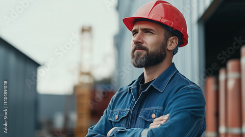 Builder standing at a construction site, construction worker, Labor Day. Architect or engineer in the construction industry. Professional builder in helmet. Work for hire. AI generation.