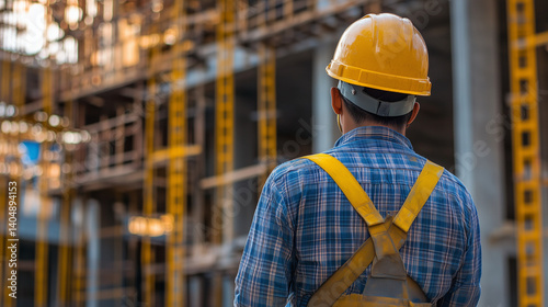 Builder standing at a construction site, construction worker, Labor Day. Architect or engineer in the construction industry. Professional builder in helmet. Work for hire. AI generation.