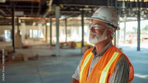 Builder standing at a construction site, construction worker, Labor Day. Architect or engineer in the construction industry. Professional builder in helmet. Work for hire. AI generation.