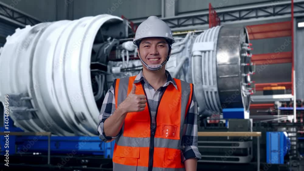 custom made wallpaper toronto digitalAsian Male Engineer With Safety Helmet Smiling And Showing Thumbs Up Gesture To The Camera While Standing With Airplane Engine Maintenance Conducted, Analytics Checking the Turbine