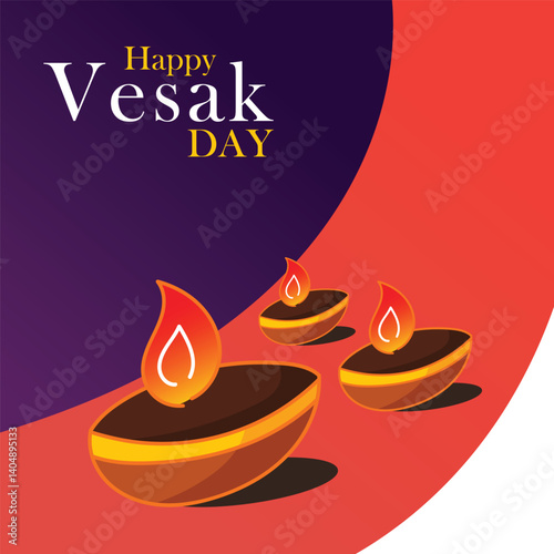 Happy Vesak Day vector illustration. Festive design with stylized oil lamps (diyas) glowing against a vibrant purple and red background. Perfect for Buddhist celebrations and greetings.