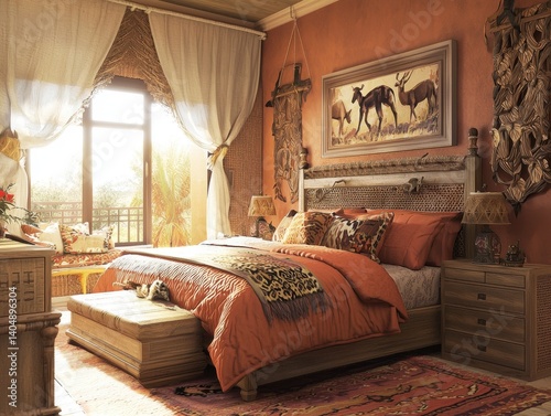 Exotic bedroom with warm tones and animal print accents, creating a cozy and stylish sleeping space.